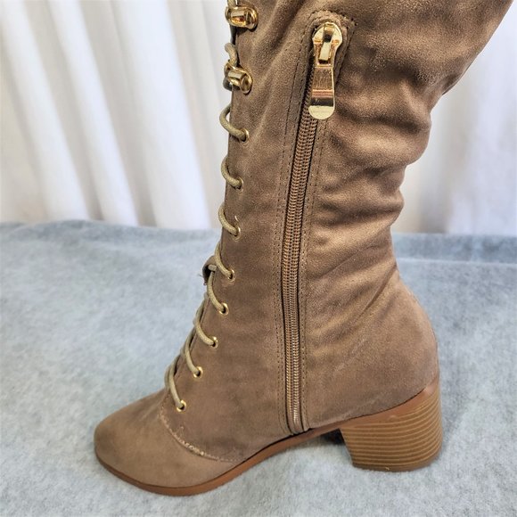 * So Me Taupe (Tan) Over The Knee Lace Up Block Heel Boots - Picture 6 of 12